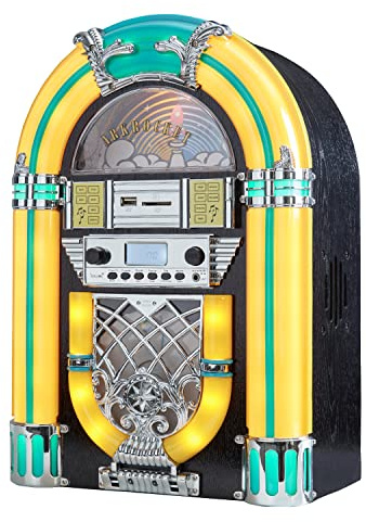 Arkrocket Athena Mini Jukebox/Tabletop CD Player/Bluetooth Speaker/Radio/USB and SD Card Player with Retro LED Lighting System (Yellow Green)