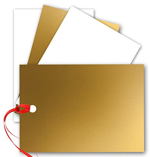 500 x enkelkort Din A7 10,5 x 7,3 cm 240 g/m² guld metallic med hål och rött band – flasketikett blanka minikort perfekt för egen design för presentetiketter och som etiketter