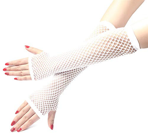 PTNKUIIY Damen Lange Netz Handschuhe,Frauen Fingerlose Fischnetz Lange Handschuhe Elastische Nylon Mesh Handgelenk Handschuhe Abendhandschuhe für 80er Jahre Mottoparty Kostüm Zubehör Halloween,Weiß