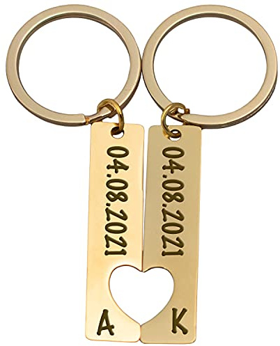 Partner Schlüsselanhänger Personalisiert | 2er Set mit Gravur Datum und Namen | Geschenk zum Jahrestag Valentinstag Geburtstag für ihn und sie | Anhänger mit Herz Männer und Frauen