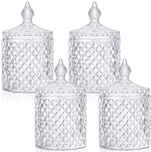 Aoriher 4 Pcs Crystal Glass Candy Jar Set with Lids Home Decorative Storage Jars for Apothecary, Bathroom, Kitchen, and Pantry, Ideal for Cotton Swabs and Jewelry(Medium,Clear)