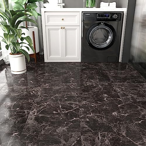 Yullpaper Vinylboden Selbstklebend Fliesenoptik Laminat PVC Bodenbelag Selbstklebende Fliesen Hellschwarz Marmor 24 Stück Bodenfliesen Aufkleber Wasserfest Schwarz Fliesenaufkleber für Bad Küche Boden