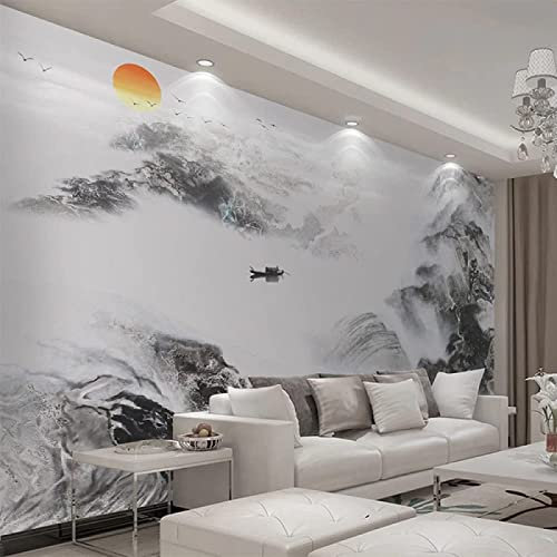 Papel Pintado Pared 3D Papel Tapiz Tinta Y Aguada Blanco Y Negro Montañas Barcos De Pesca Fotomurales 3D Tv Fondo Pared Moderno Dormitorio Murales