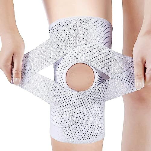 NELLHOMY Professionelle Kniestütze,Kniebandage mit Offen Patella Pads & Feder Seitenstabilisatoren,Verstellbare Kniebandage mit v-förmiges Band für Arthritis Verletzungen Wiederherstellung(Weiß,XXL)
