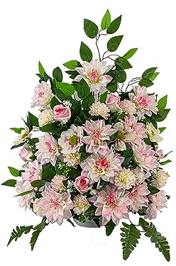 Centro Flores Artificiales Cementerio, Santos, Iglesias, Aniversarios, Ceremonias, Bodas Rosa con dalias, Rosas y crisantemos minis 70x78x40 cm