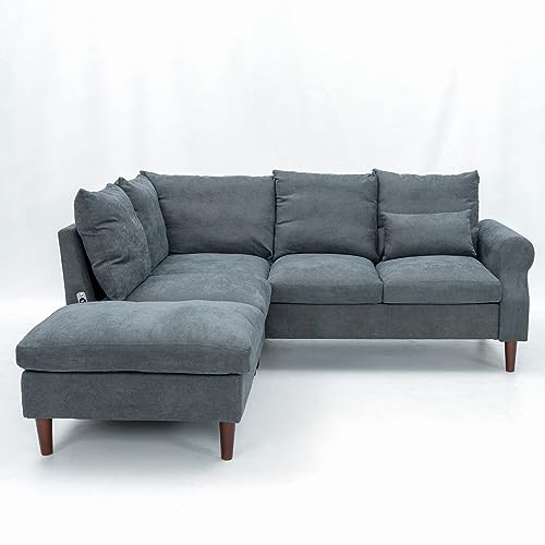 Panana 5 Seater Corner Sofa with Built in USB Charging Port Chaise, Gray Linen Sectional Couch with Right Hand Side Rolled Armrest