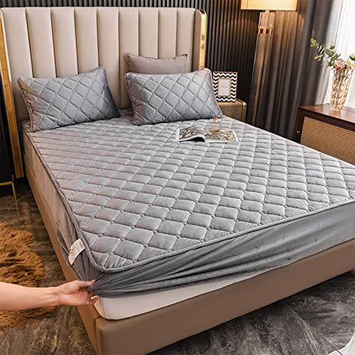 YUDEYU Gesteppte Spannbettlaken Weicher Kristall-Samtstoff Matratzenschoner Doppeltes Einzelbett bettspanntuch Topper-Overlays Spannbetttücher(Gray,180x200cm/High 10-30cm)