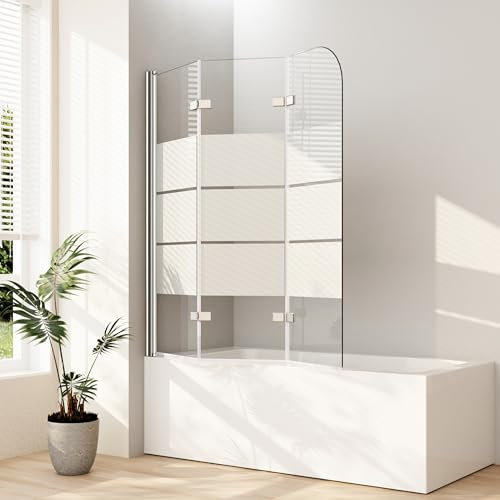 Gestreift Duschwand für Badewanne 120x140cm 3-teilig faltbar Duschtrennwand für Badewanne Duschabtrennung Badewanne mit Milchglas, Badewannenaufsatz 6mm ESG Sicherheitsglas