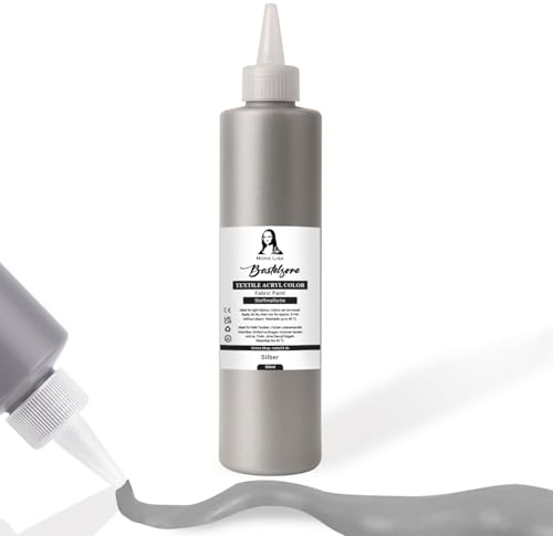Stofffarbe 500ml. Waschfeste Textilfarbe. T-Shirt Farbe für helle Stoffe. Waschmaschinenfest, Waschbeständig. Textilmalfarbe, Stoffmalfarbe Fixierung durch Bügeln (Silber)