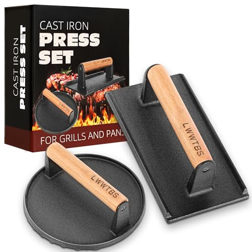 LWWTBS Burger Press Heavy-Duty Cast Iron Smashed Meat Steak Weight Grill Griddle Press (7 Round & 8.2X4.3 Rectangle) with Wood Handle for Blackstone Griddle, Nonstick Pan