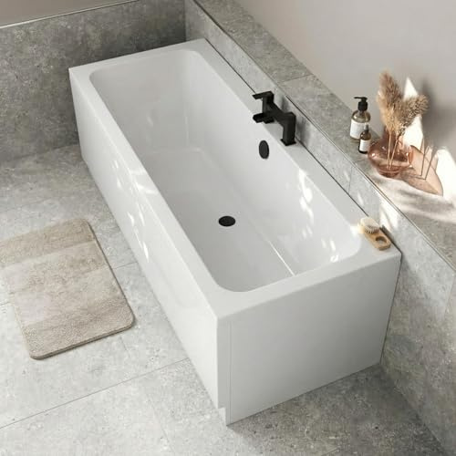 Baystone 1700 x 750mm Double Ended Square Bath Tub with Side & End Panel White Gloss Acrylic Luxury Straight for Bathroom Alcove Corner Modern