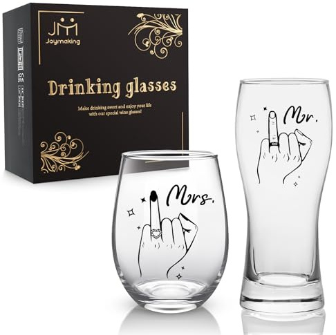 Joymaking Couple's Wine & Beer Glass Set, Wedding & Engagement Gift for Him & Her - 15oz Each