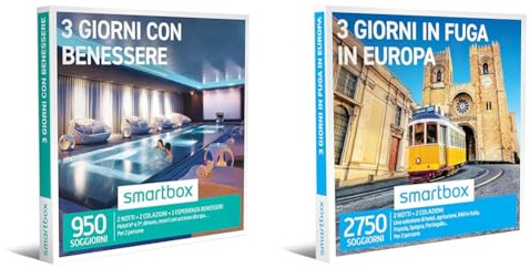 smartbox - Cofanetto Regalo 3 Giorni con Benessere e 3 Giorni in Fuga in Europa - Idea Regalo per la Coppia - Due Notti con Colazione per 2 Persone