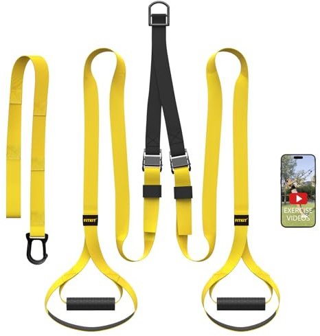 FITKIT Suspension Bodyweight Fitness Training Kit with Integrated Door Anchor, Full Body Workouts Home Gym Resistance Trainer Straps for Total Body Workouts (Yellow)