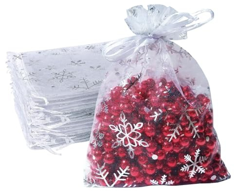 100 Stück Weiß Silber Organzasäckchen Weihnachten Geschenkbeutel, 7x9cm Kleine Geschenk Organzabeutel Organza Beutelchen mit Kordelzug Sie als Hochzeit Bonbonsbeutel, Schmuckbeutel, Geburtstag