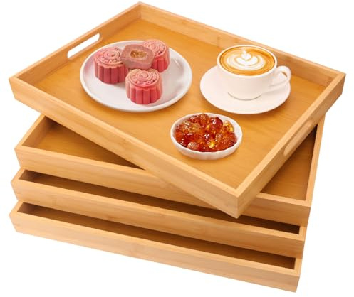 kukmakri 4 Pack Large Bamboo Serving Tray with Handles - 18 x 13 Inch Wooden Dinner Tray, Home Kitchen Decorative Tray, Breakfast Trays for Eating on Couch, Lap Trays, Coffee, Kitchen, Picnic