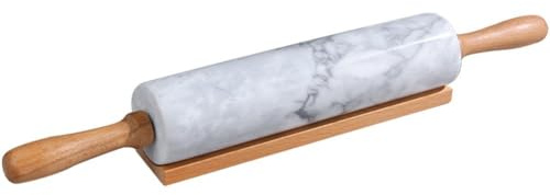 Haowul Mattarello in Marmo con Culla in Legno Manico Spesso per Cottura Forno, Rullo Lucido per Impasto per Pizza, Fondente, Crosta di Torta, Superficie Antiaderente Facile Pulire