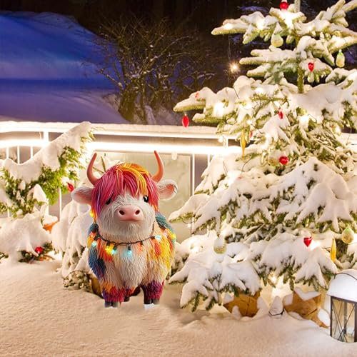 Hochlandrinder Gartenstecker 2D Acryl Gartendeko Garten Deko für Draußen Outdoor Winter Tagsüber Nachts Gartendekoration Rost Rostdeko Edelrost Blumenstecker Roststecker Weihnachtsdekoration (C)