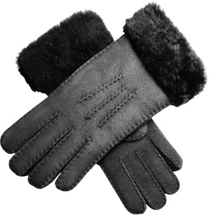 Infinity Leather Damen-Handschuhe aus schwarzem Schaffell und Wildleder mit Fellmanschette