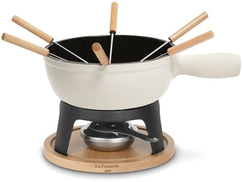 H.Koenig La Fonderie 1890 Set de Fondue de Hierro Fundido Mont Blanc para 6 Personas, Fondues de Queso y Chocolate, 6 Tenedores con Mangos de Madera de Haya, Base de Madera Natural, Capacidad 1,8L