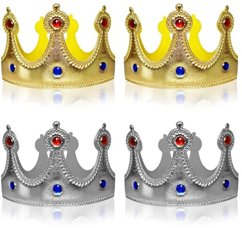 VIKSAUN 4 Stück König Krone Königskrone Königinnen Krone mit Strass Royal Crown Tiara Kostüm Zubehör, DIY Party Goldfolie Hut für Junge Mädchen Prinzessin Geburtstagsfeier (4 Stück)