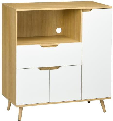HOMCOM Meuble Micro-Ondes Buffet Micro Onde 90x40x98,5 cm Naturel Blanc | Grand Rangement, Buffet de Cuisine, Placards et Tiroir, Étagère Réglable, Salle à Manger, Salon