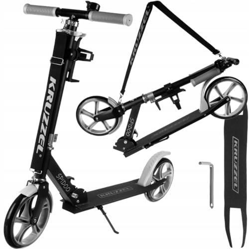 KRUZZEL Roller Kinder Klappbar ab 8 Jahren bis to 100 kg 200-mm-Räder - Höhenverstellbar Lenkrad 87–92–98 cm -Scooter Grau mit Fußbremse und Flaschenhalter - Aluminiumrahmen 25629