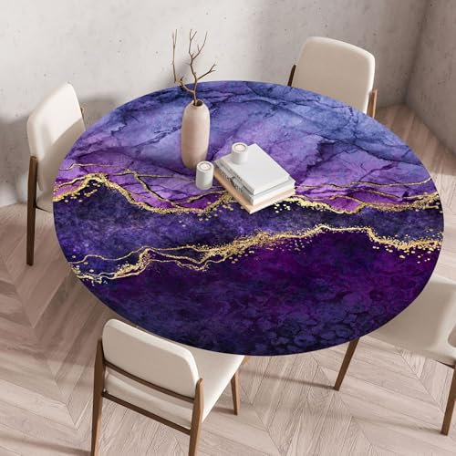 KeuLen Tovaglia rotonda, tovaglia rotonda con motivo viola, tovaglia circolare con bordo elastico, lavabile, for sala da pranzo, cucina, feste di compleanno, vacanze, interni ed esterni.(100)
