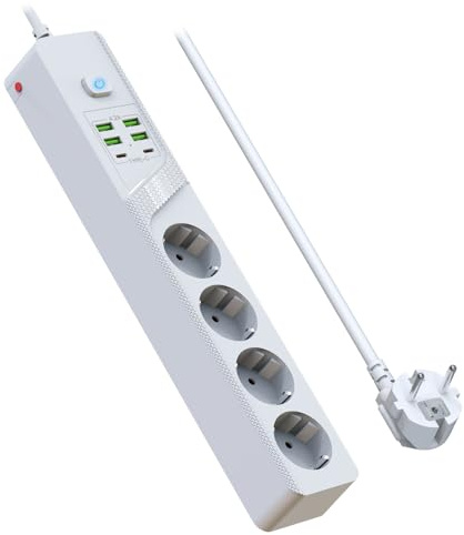 Ciabatta Multipresa con 6 USB,BOCHLION 4 Presa Multipla Salvaspazio con Interruttori Indipendenti, Ciabatta Elettrica Multipresa con Protezione Sovratensione Cavo 2m-Bianco