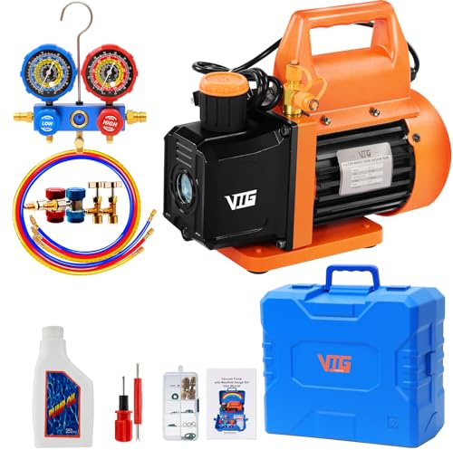 VTG VOGTEN Set pompa per vuoto AC da 4,5 CFM, per sistemi Mini Split/HVAC/Auto, kit di manometro compatibile con R22, R32, R134a, R410a, include 3 tubi, rubinetto R134a, custodia a tre ante
