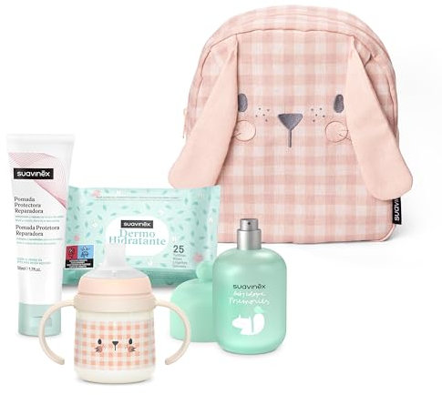 Suavinex, Mochila Guardería para Bebés, Canastilla - Regalo para Bebé con: Baby Cologne Memories 100 ml + Crema Pañal 50 ml + Pack 25 Toallitas Dermohidratantes + Taza de Aprendizaje, Conejo, Rosa