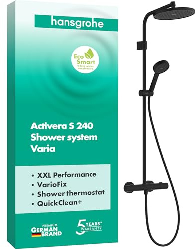 hansgrohe Activera S - vattenbesparande Duschsystem (EcoSmart) med termostat, Regndusch (240 mm), Duschset med handdusch (2 stråltyper), duschslang, duschstång och huvuddusch, matt svart, 28078670