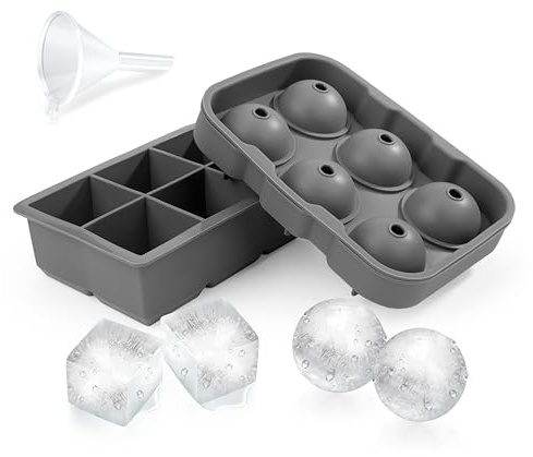 Yesaler Bandejas de Cubitos de Hielo de Silicona Moldes Bolas de Hielo con Embudo Moldes Cuadrados Grandes de 6 Compartimentos de Cubitos de Hielo para Bebidas, Whisky y Cócteles, 2 Piezas (Gris)