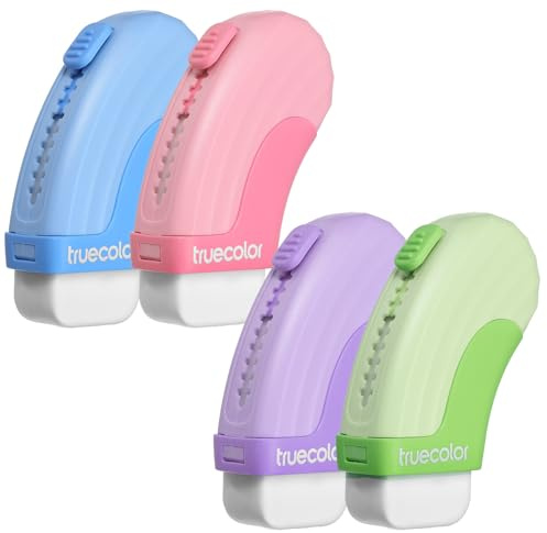 Shimmeroo 4PCS Retractable Eraser, Sliding Pencil Erasers with Protective Plastic Sleeve, Multicolor Refillable Erasers for Mechanical Pencils, School Office Home Supplies (Green Pink Purple Blue)