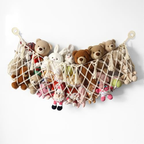 Kuscheltier Netz, Makramee Stofftier Hängematte, Hängende Aufbewahrung Kuscheltier Netz, Kuscheltiere Spielzeugnetz Organizer für Schlafzimmer, Weiß