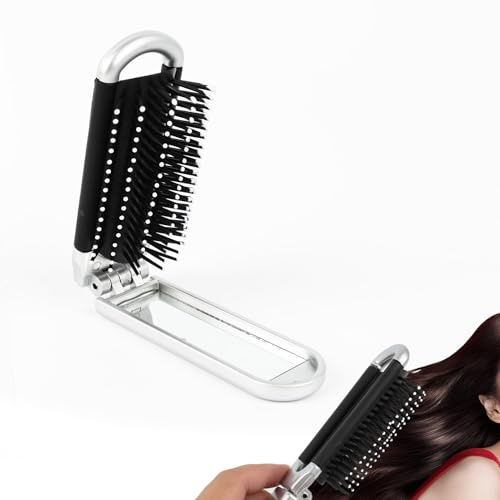 Travel Folding Hair Brush with Removable Mirror - Compact Pocket -Size Collapsible Mini Hairbrush, Folding Hairbrush, Mini Foldable Travel Hair Brush, Small Hairbrush for Handbag for Easy Carrying
