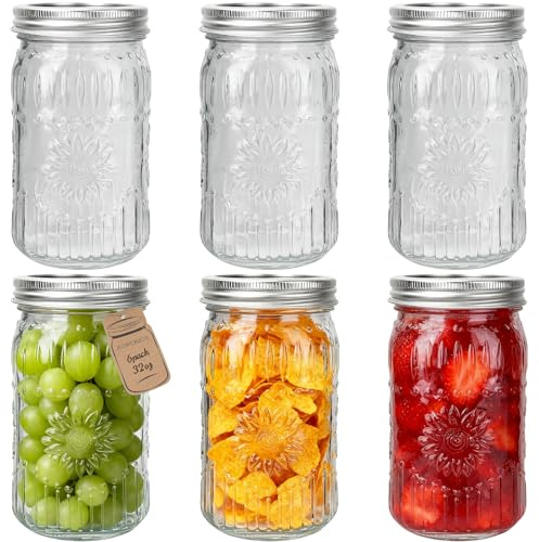 CycleMore 6 Pack 32oz Glass Mason Jars with Silver Two-Piece Lids - Wide Mouth Jars, 1 Quart Canning Jars With Sunflower Print for Preserving, Decor & Storage