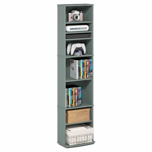 Furinno Jaya DVD-Regal, CD-Rack, 8-stufiges Medienregal mit verstellbaren Böden, hoher schmaler DVD-Schrank für CD/Blu-ray, für Wohnzimmer, Homeoffice, Salbeigrün