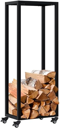 CLP Kaminholzständer innen Metall mit Rollen Hilta, Kaminholzregal aus stabilem Metall, Aufbewahrung für Brennholz im Wohnzimmer Farbe schwarz Größe 25x40x100 cm
