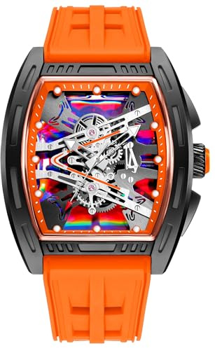 findtime Herren Armbanduhr Tonneau Ausgehöhlte Design Analoge Quarz Uhren Mechanische Uhr Großes Buntes Zifferblatt 5ATM Wasserdicht Leuchtend Militäruhren Leicht Silikon Armband Orange