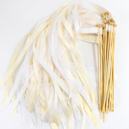Holiwe 30 Stück Wedding Wands,Zauberstäbe Hochzeit Luftschlangen,Romantic Seidenfeenstab,Hochzeit Stäbe Mit Glöckchen für Hochzeiten Geburtstage Partys Feiertagsfeiern Verwendet (30 Stück Beige)
