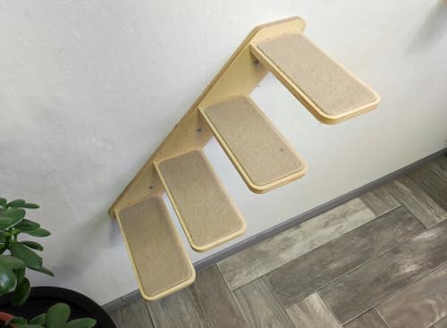 Wandmontierte Katzenleiter mit Teppichstufen – stabile Katzentreppe aus Birkensperrholz – Katzenmöbel & Kletterwand für aktive Katzen – mit 3 oder 4 Stufen (Helle Farbe, 4 Stufen)