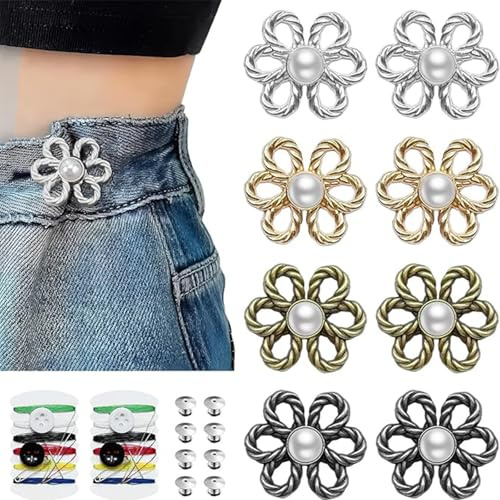 Aribliseza Hose Enge-Macher, 8 Sets Floral Waist Clip, Adjustable Jean Buttons, with Rivets/Sewing, for Trousers/Women/Skirts