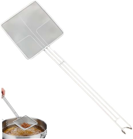 Stainless Steel Fine Mesh Skimmer Spoon Square Oil Strainer with Long Heat Resistant Handle for Frying Filtering Food Residue Easy to Clean