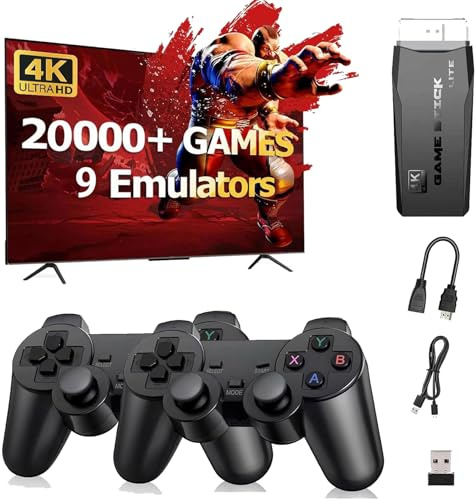 Retro Konsole mit 20.000+ Spielen, Retro Spielkonsole Game Stick, HDMI Plug & Play mit 2 Wireless Controllern, Klassische Videospielkonsole Geschenk für Familie & Freunde (Schwarz)