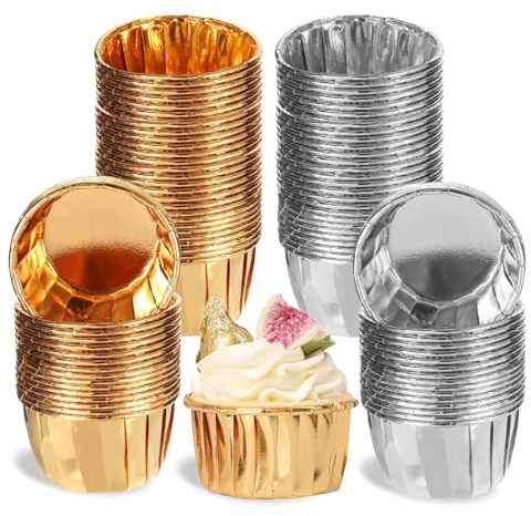100 pirottini per muffin, per feste di Natale, feste, muffin, stampini in alluminio usa e getta per compleanni, matrimoni, feste di Natale, feste (oro e argento)