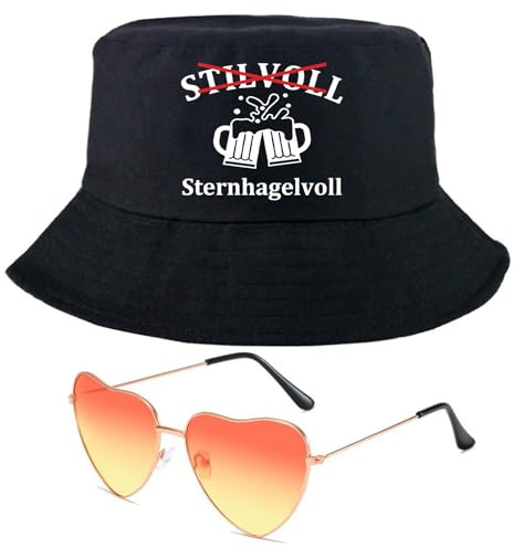 Fischerhut Damen Herren Set Mit Spruch Sternhagelvoll Bucket Hat Schwarz Herz Sonnenbrille Farbverlauf Rot Orange, Lustiges Festival Outfit Damen Für Mallorca Party Outfit Karneval Urlaub Accessoires