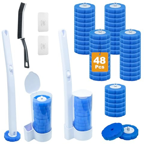 Einweg Toilettenbürste, 2er Set Griff und Halter Toilettenbürste Einweg | mit 48 Stück Reiniger Nachfüllungen und 2 Klobürstenhalter, zur Reinigung von Badezimmern, Waschbecken und Badewannen