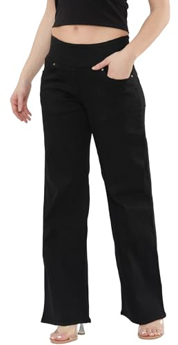 MYT Women’s Elasticated High Waist Wide Leg Jeans – Tummy Control Stretch Denim Comfortable Pull-On Fit All Waist Leg Sizes UK 10-24