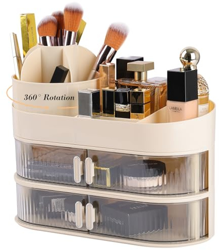 MISTRO Organizador de Maquillaje Giratorio 360° con Cajón Bandejas Cosméticos Cremas Almacenaje Maquillaje para Tocador Baño Pintalabios Organizador Perfumes Skincare 3 Capas